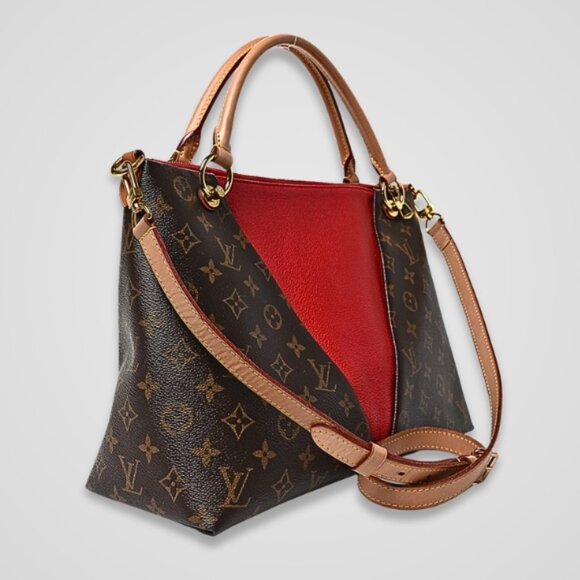 Louis Vuitton Monogram Canvas V Tote MM Zippered Pocket Leather Cherry Red/Brown - Picture 2 of 15